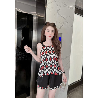Bộ mặc nhà lụa cổ yếm quần đùi cao cấp
