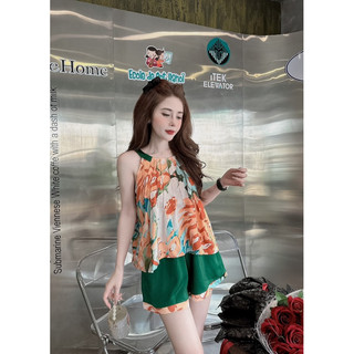 Bộ mặc nhà lụa cổ yếm quần đùi cao cấp