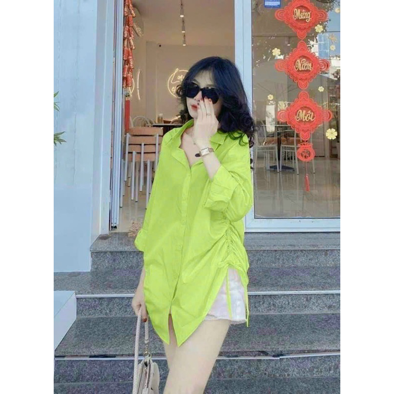 Set đồ nữ thời trang mặc đi chơi áo sơ mi chất Đũi dây rút 2bên tay dài phối quần đùi trắng Cotton lạnh,