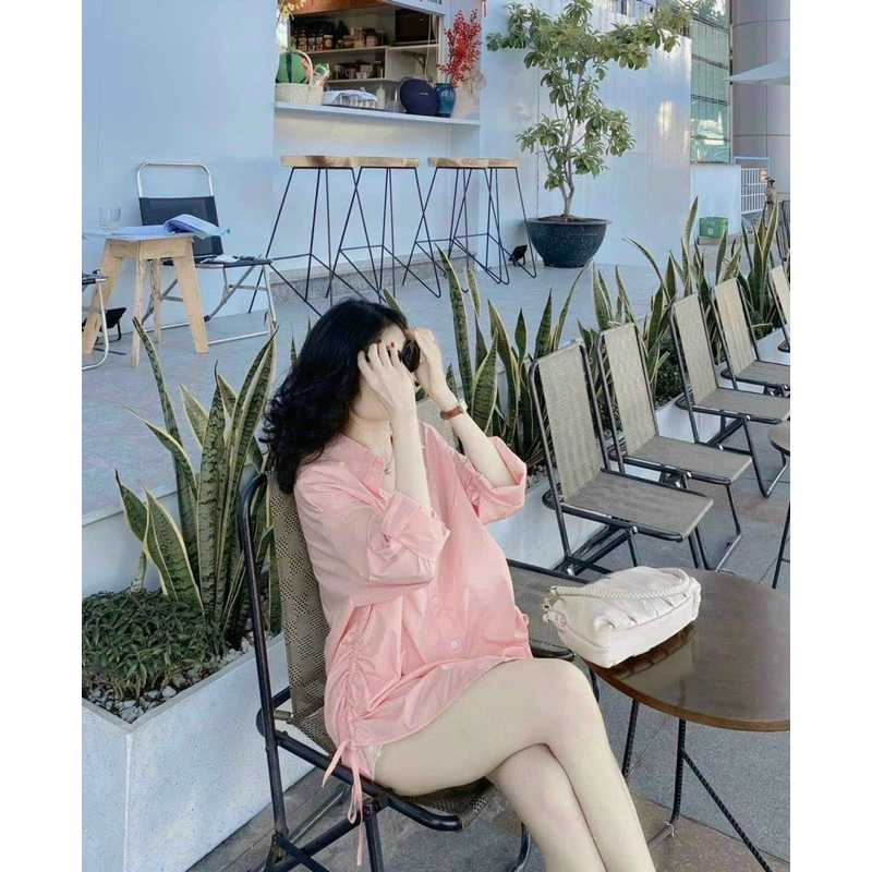 Set đồ nữ thời trang mặc đi chơi áo sơ mi chất Đũi dây rút 2bên tay dài phối quần đùi trắng Cotton lạnh,