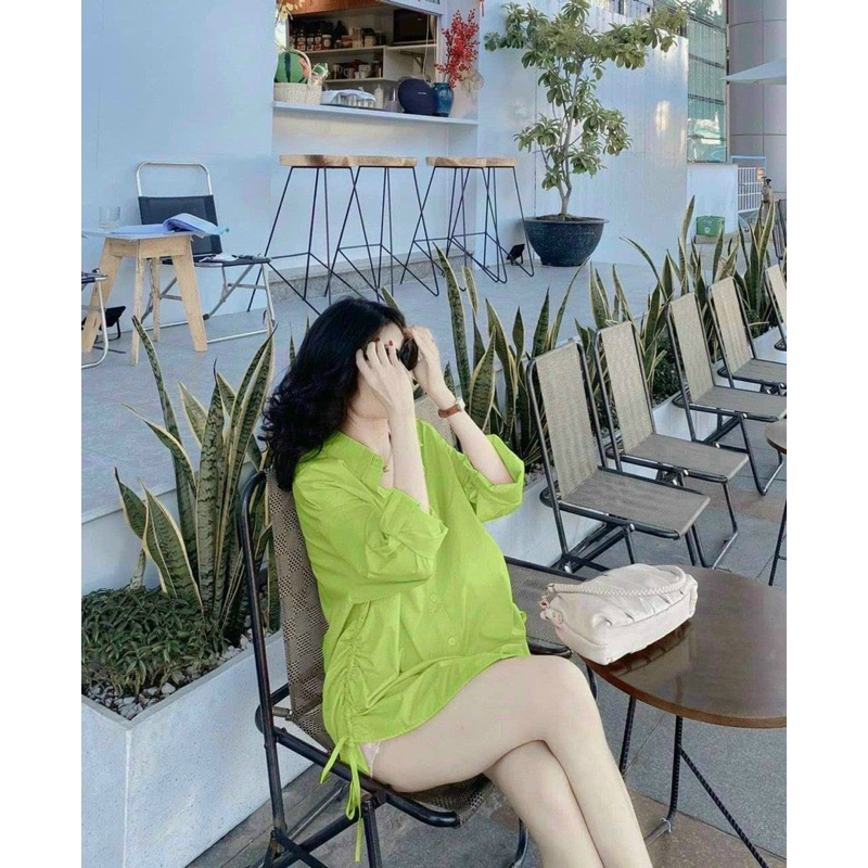 Set đồ nữ thời trang mặc đi chơi áo sơ mi chất Đũi dây rút 2bên tay dài phối quần đùi trắng Cotton lạnh,