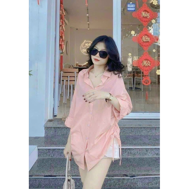 Set đồ nữ thời trang mặc đi chơi áo sơ mi chất Đũi dây rút 2bên tay dài phối quần đùi trắng Cotton lạnh,