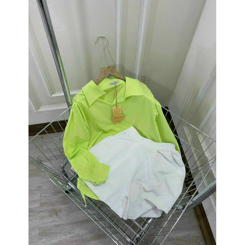 Set đồ nữ thời trang mặc đi chơi áo sơ mi chất Đũi dây rút 2bên tay dài phối quần đùi trắng Cotton lạnh,