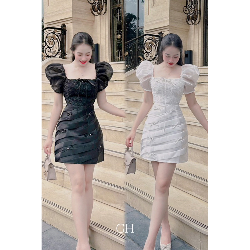 Váy thiết kế tay tơ bồng,xếp ly đính tag nơ đá xịn xò sang chảnh