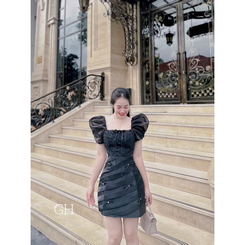 Váy thiết kế tay tơ bồng,xếp ly đính tag nơ đá xịn xò sang chảnh