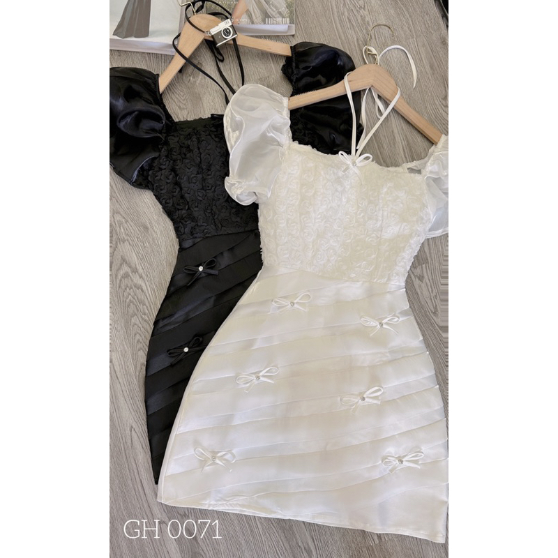 Váy thiết kế tay tơ bồng,xếp ly đính tag nơ đá xịn xò sang chảnh