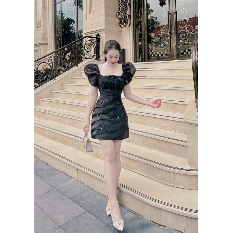 Váy thiết kế tay tơ bồng,xếp ly đính tag nơ đá xịn xò sang chảnh