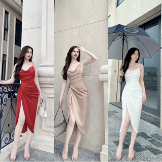  Đầm 2 dây thời trang nữ mặc đi tiệc sang xếp bèo nhún eo xẻ tà váy có mút ngực có lót trong chất umi 