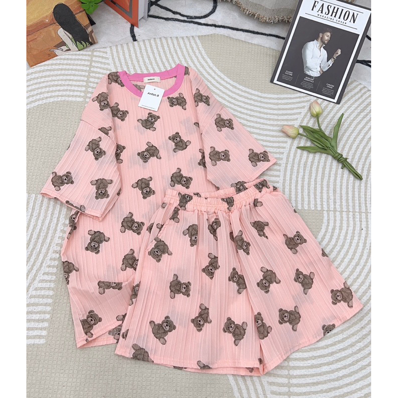 Bộ Cotton Gân Hoạ Tiết Dễ Thương Phom Rộng