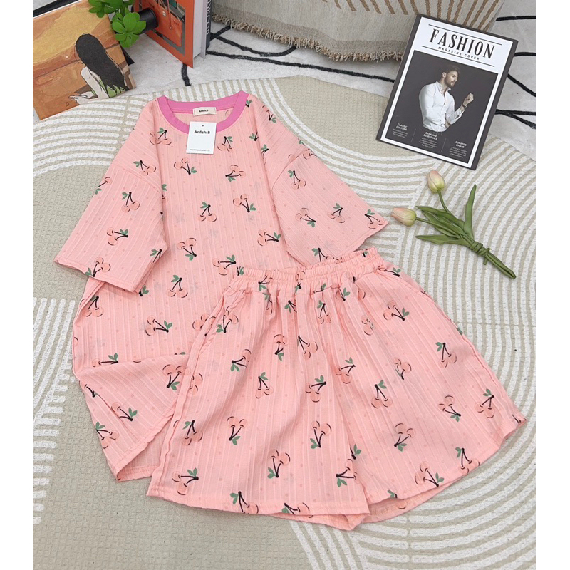 Bộ Cotton Gân Hoạ Tiết Dễ Thương Phom Rộng