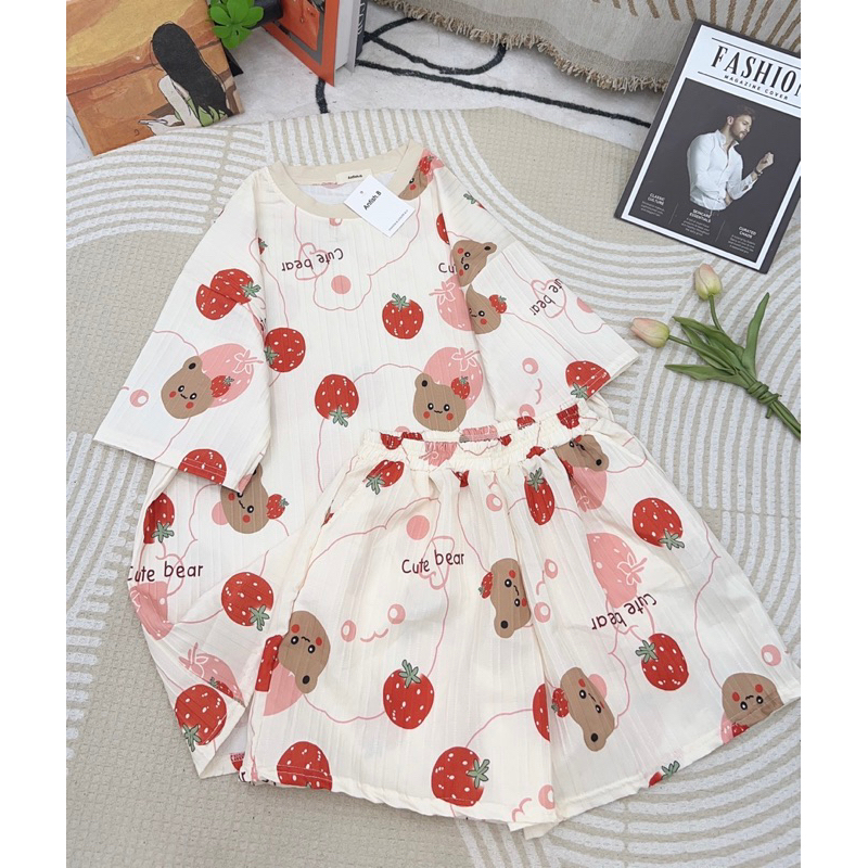Bộ Cotton Gân Hoạ Tiết Dễ Thương Phom Rộng