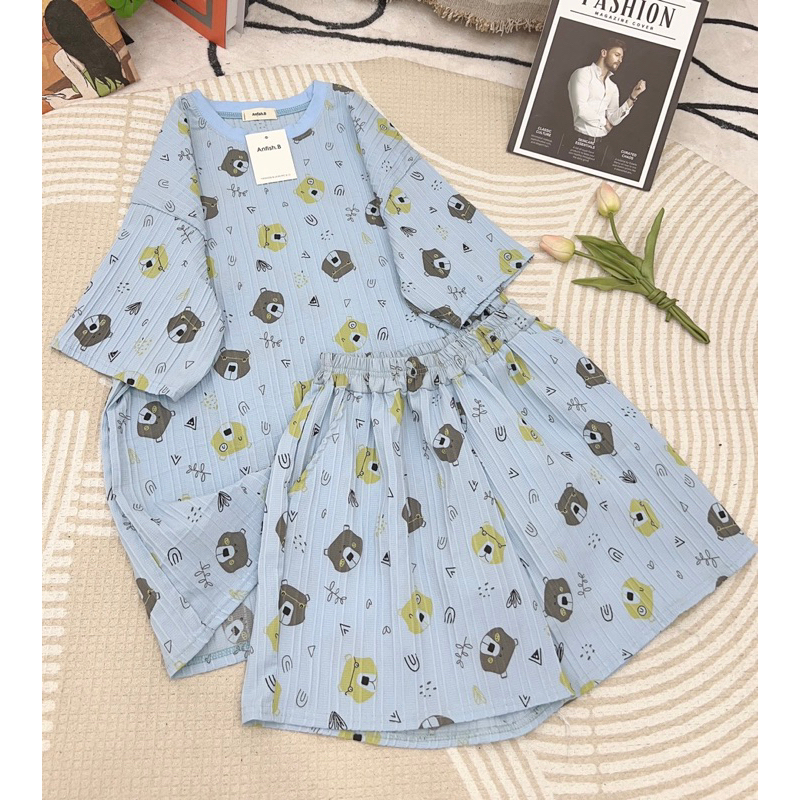 Bộ Cotton Gân Hoạ Tiết Dễ Thương Phom Rộng