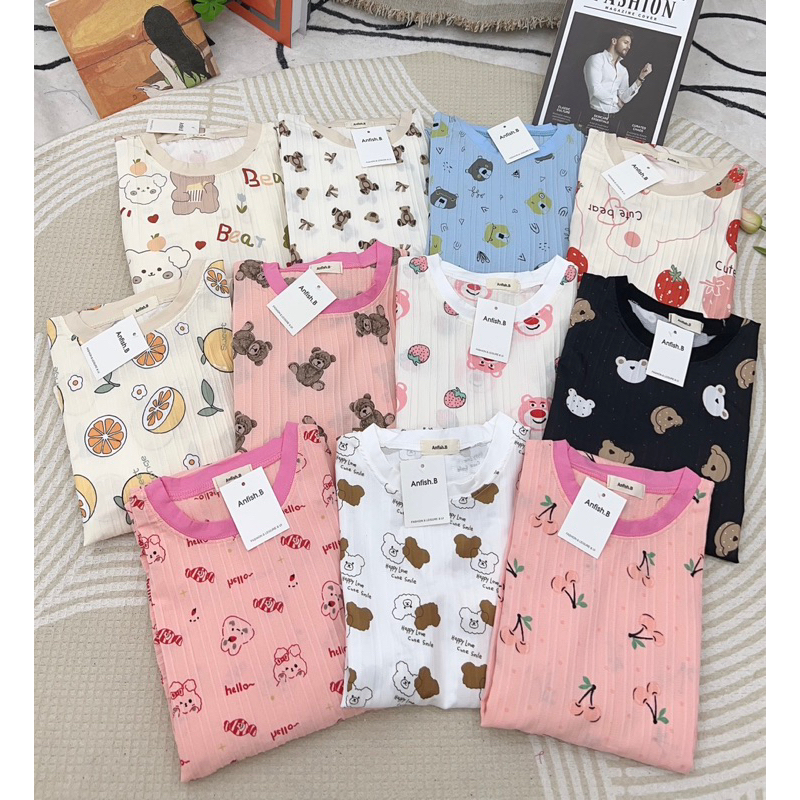 Bộ Cotton Gân Hoạ Tiết Dễ Thương Phom Rộng