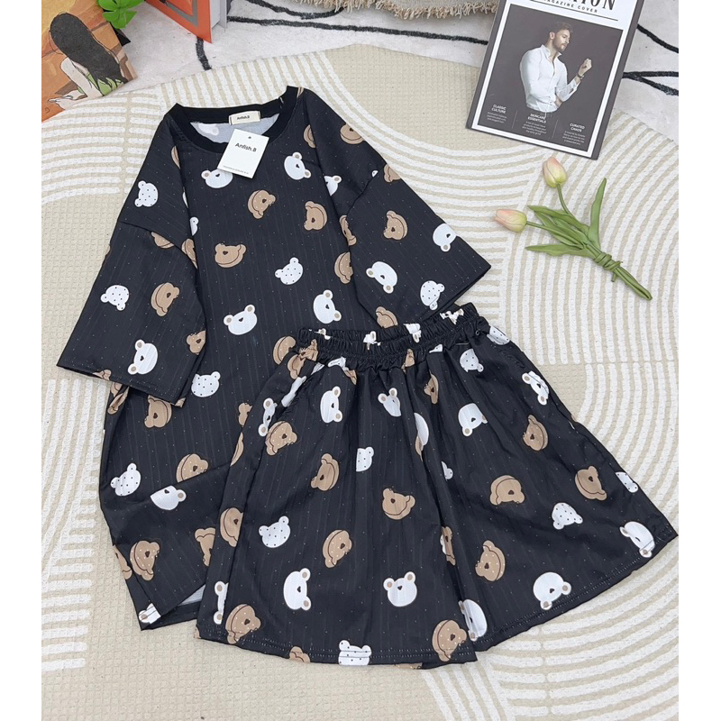 Bộ Cotton Gân Hoạ Tiết Dễ Thương Phom Rộng