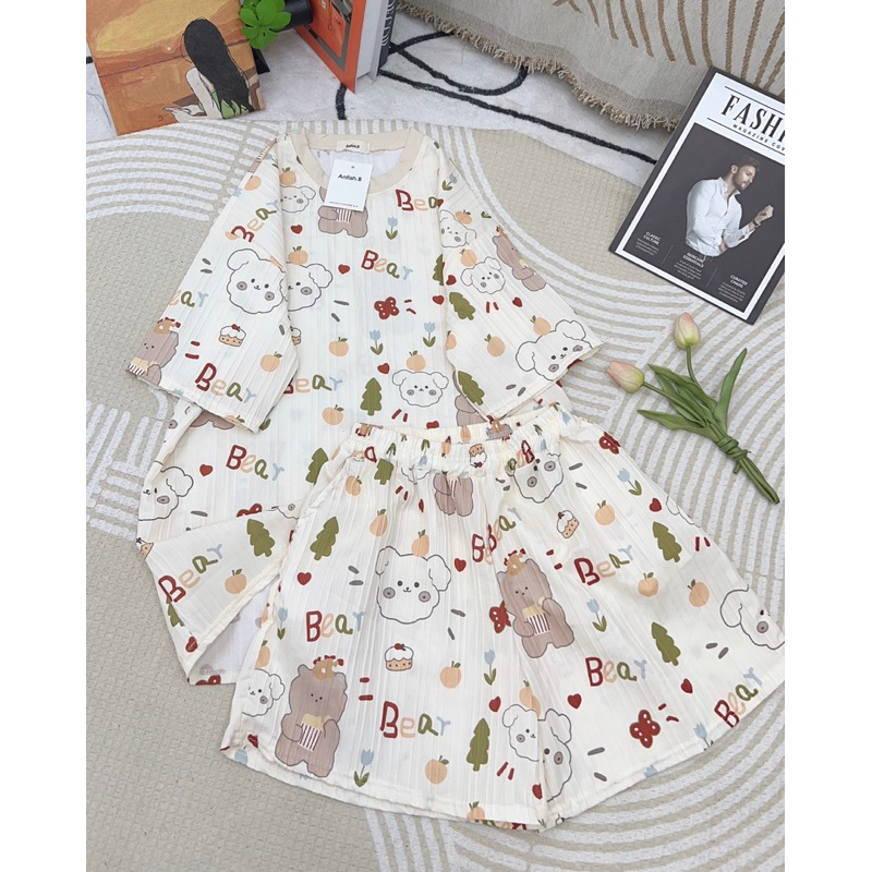 Bộ Cotton Gân Hoạ Tiết Dễ Thương Phom Rộng