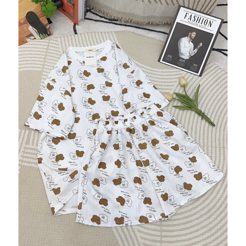 Bộ Cotton Gân Hoạ Tiết Dễ Thương Phom Rộng