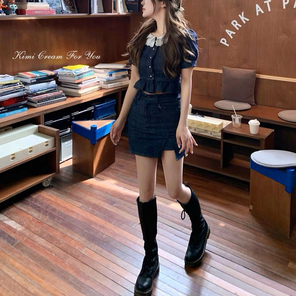 🌸🌸 Set Váy Bò Cổ Ren Búp Bê Tay Phồng + Chân váy jean Phong Cách Cổ Điển Dành Cho Nữ 🌸🌸