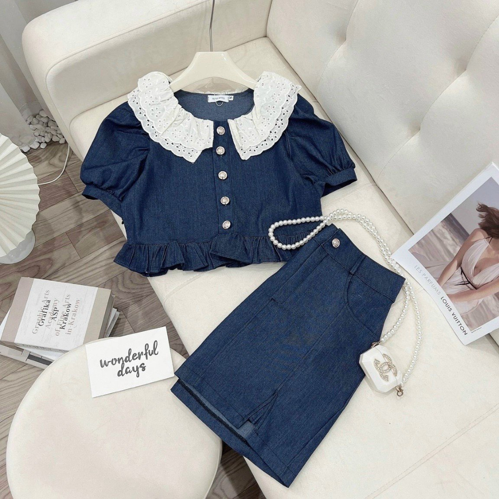 🌸🌸 Set Váy Bò Cổ Ren Búp Bê Tay Phồng + Chân váy jean Phong Cách Cổ Điển Dành Cho Nữ 🌸🌸