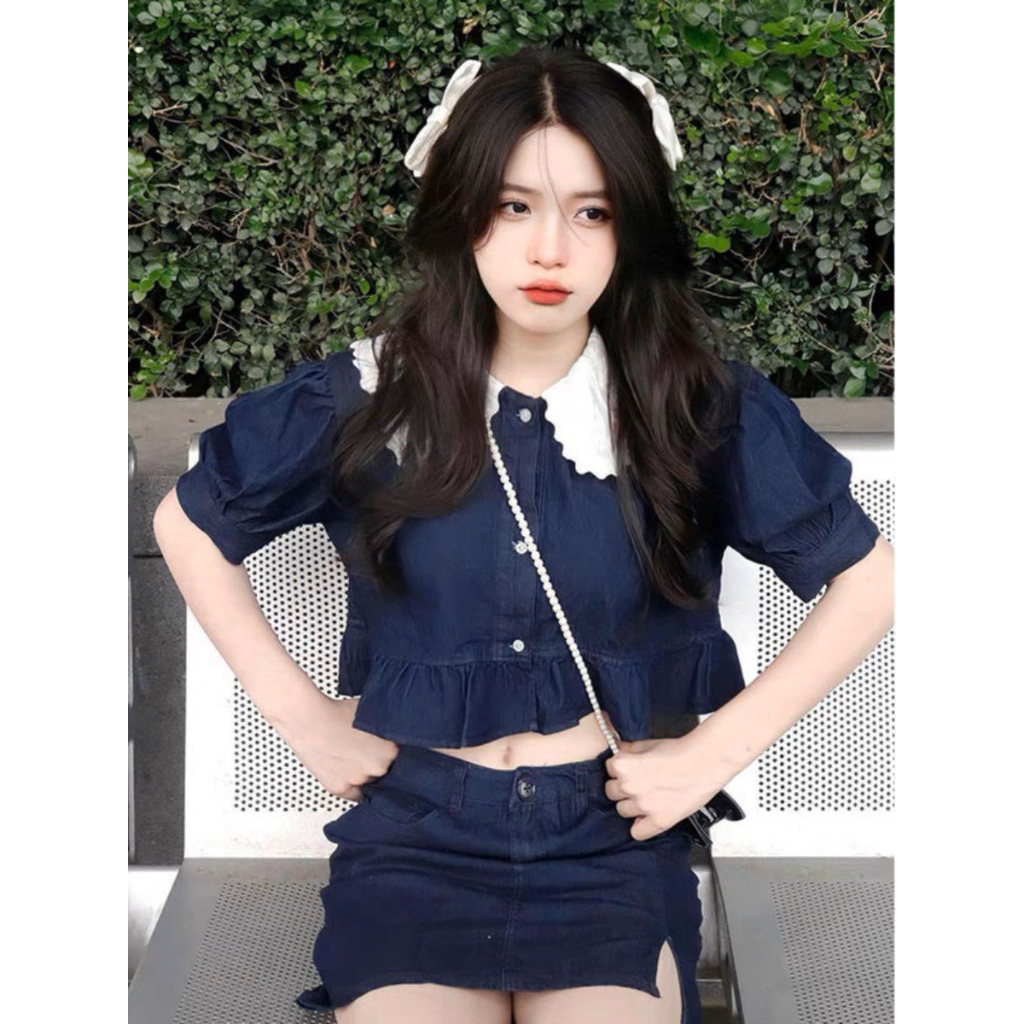 🌸🌸 Set Váy Bò Cổ Ren Búp Bê Tay Phồng + Chân váy jean Phong Cách Cổ Điển Dành Cho Nữ 🌸🌸