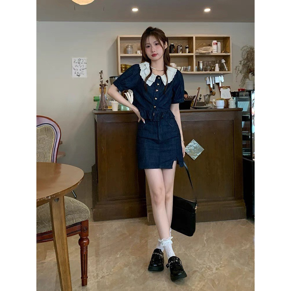 🌸🌸 Set Váy Bò Cổ Ren Búp Bê Tay Phồng + Chân váy jean Phong Cách Cổ Điển Dành Cho Nữ 🌸🌸