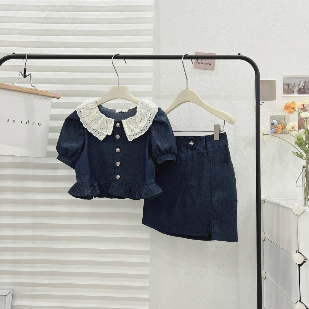 🌸🌸 Set Váy Bò Cổ Ren Búp Bê Tay Phồng + Chân váy jean Phong Cách Cổ Điển Dành Cho Nữ 🌸🌸
