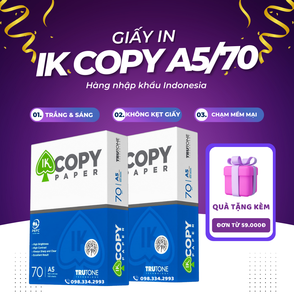 Ream giấy A5 70 gsm IK Copy (500 tờ) - Hàng nhập khẩu Indonesia - Giấy in chất lượng cao