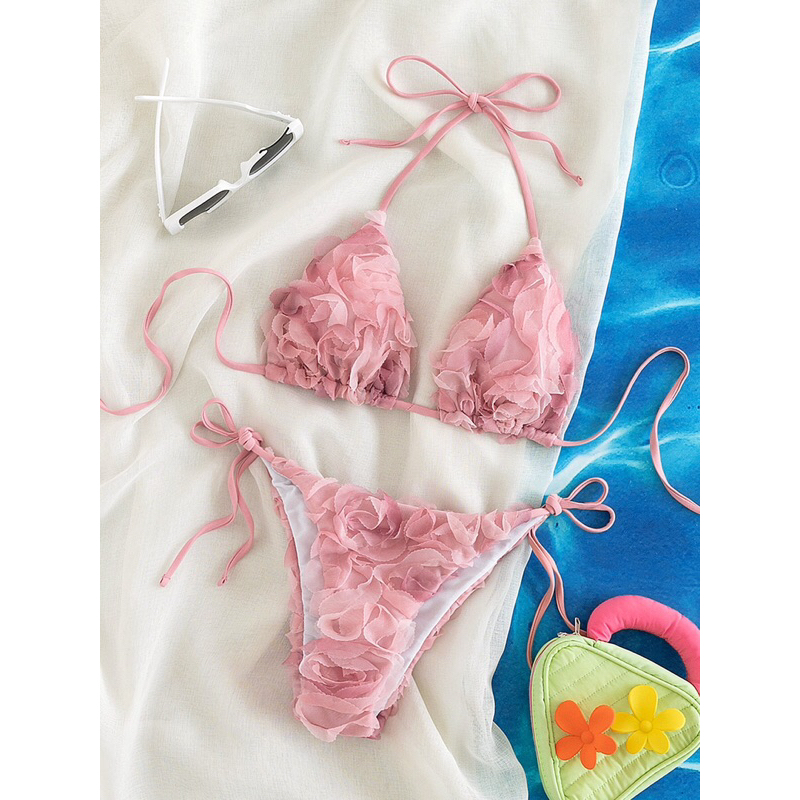 ✨Luminous - Set bikini 2 mảnh cột dây hoạ tiết hoa nổi phồng đi biển, đi bơi…✨