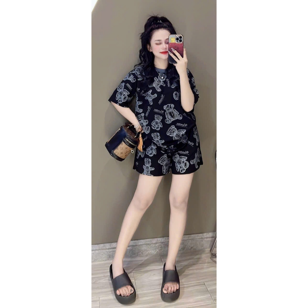 Đồ bộ nữ mặc nhà, sét bộ thun họa tiết màu trơn, áo thun cổ tròn tay ngán mix quần đùi loe rộng