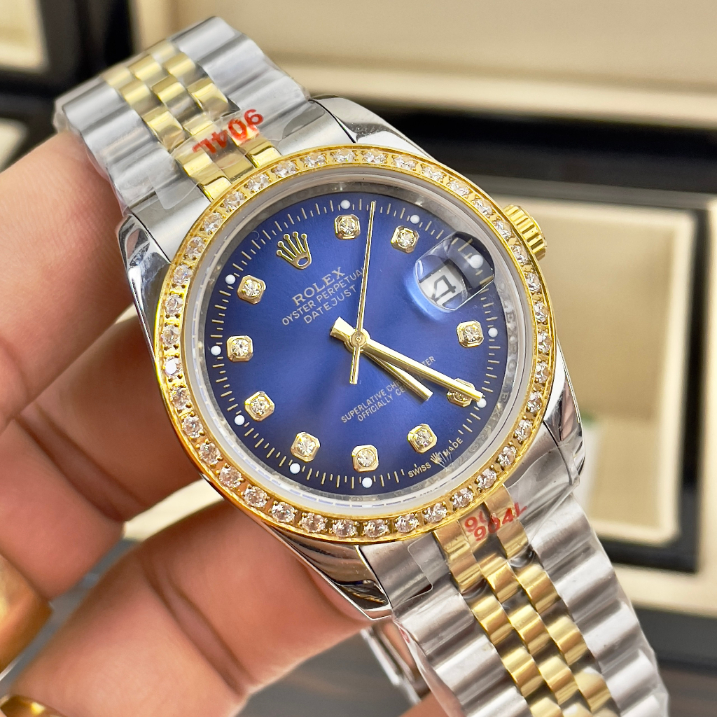 Đồng hồ Nam Rolexs mặt xanh vành đá đờ mi vàng gold 3kim  máy nhật dòng cơ Automatic 38mm dây kim loại