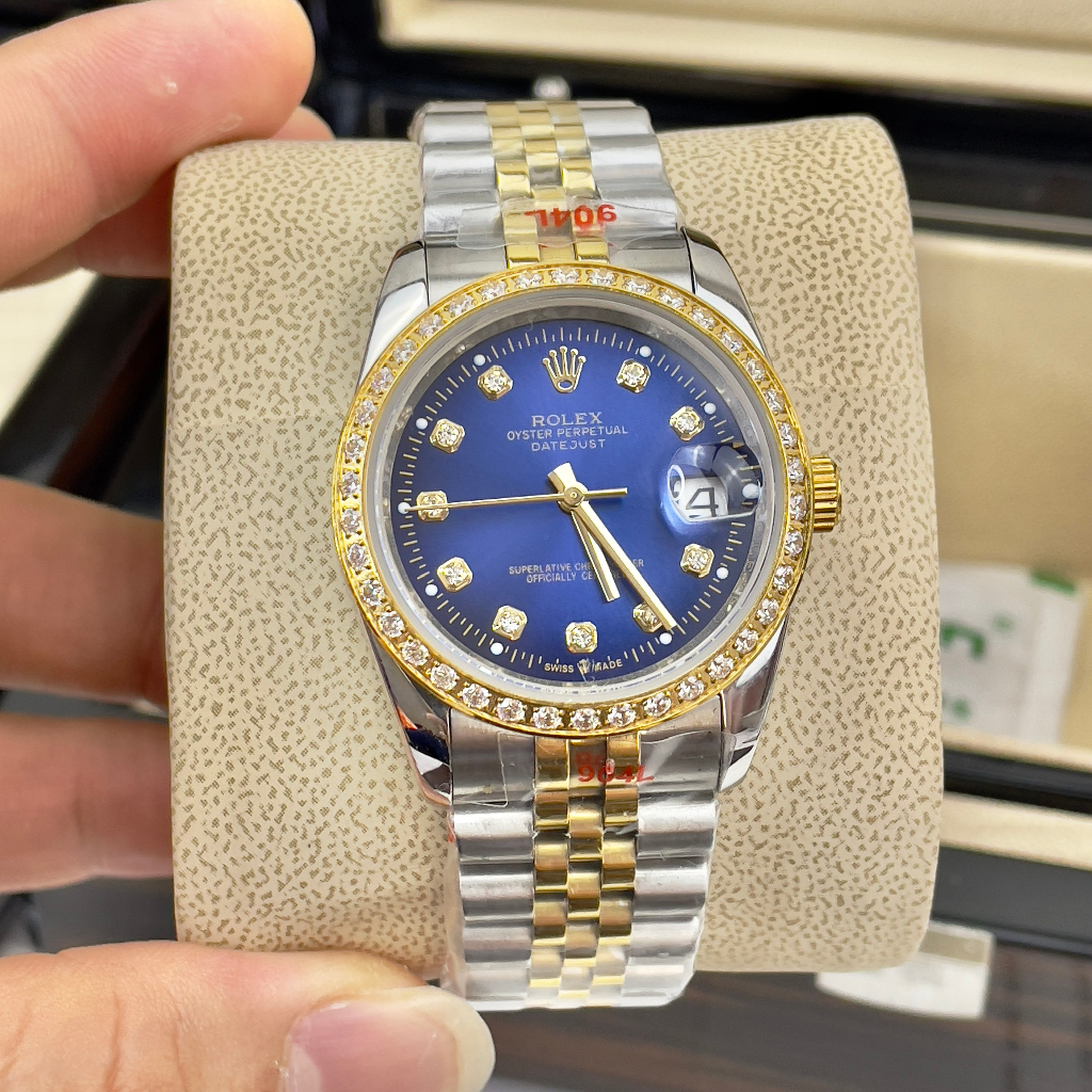 Đồng hồ Nam Rolexs mặt xanh vành đá đờ mi vàng gold 3kim  máy nhật dòng cơ Automatic 38mm dây kim loại