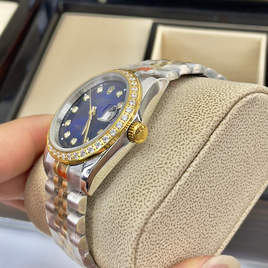 Đồng hồ Nam Rolexs mặt xanh vành đá đờ mi vàng gold 3kim  máy nhật dòng cơ Automatic 38mm dây kim loại