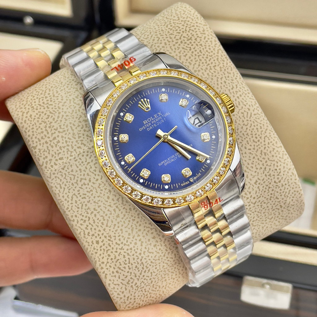 Đồng hồ Nam Rolexs mặt xanh vành đá đờ mi vàng gold 3kim  máy nhật dòng cơ Automatic 38mm dây kim loại