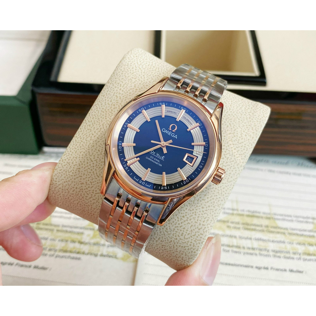 Đồng hồ Nam Omega 3kim mặt đơ mi vàng hồng máy nhật dòng cơ Automatic -40mm dây kim loại