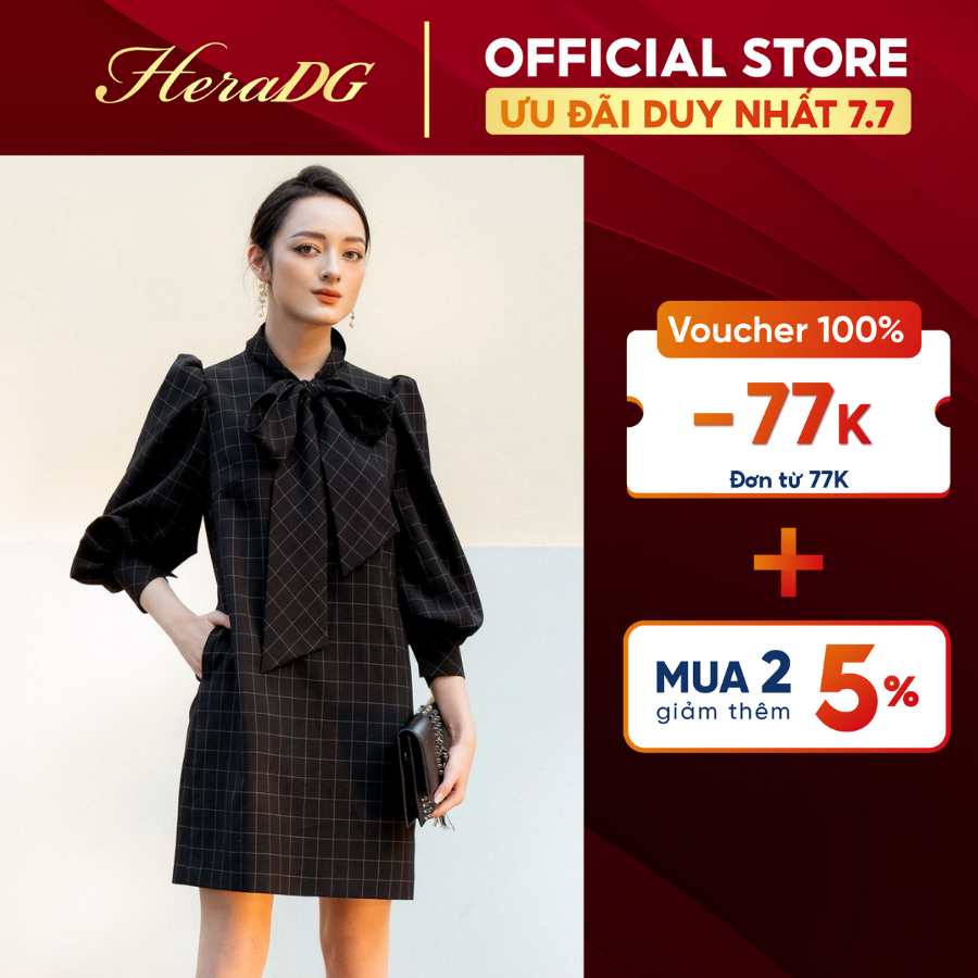 Đầm Thiết Kế Dáng Suông Nữ HeraDG Tay Dài Cổ Thắt Nơ, Họa Tiết Kẻ Thời Trang, Chất Vải Tuytsi Mềm Nhẹ WDCBA013