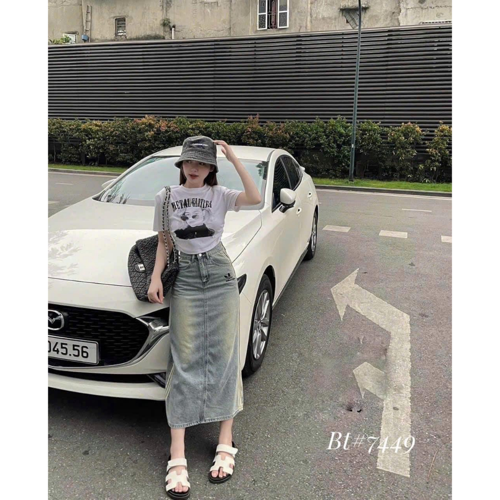Chân váy jeans 3 sọc dáng dài dày dặn 7449(kèm ảnh thật và video)