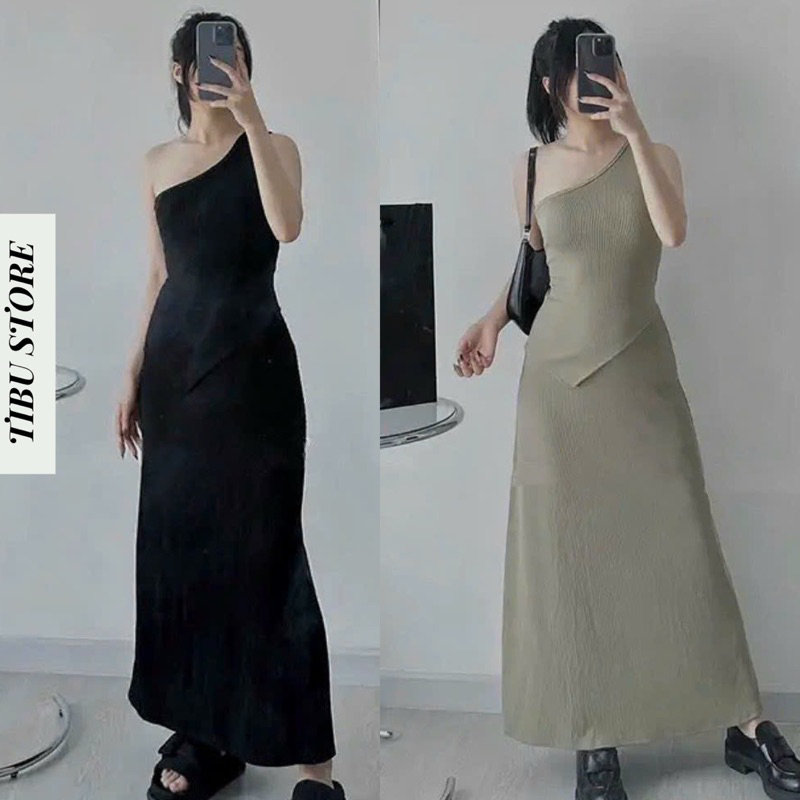Set Áo Lệch Tà Hở Vai Kèm Chân Váy TIBU Đầm Body Dáng Dài Ôm Tôn Dáng Cực Sexy Quyến Rũ Chất Thun Gân Dày Dặn