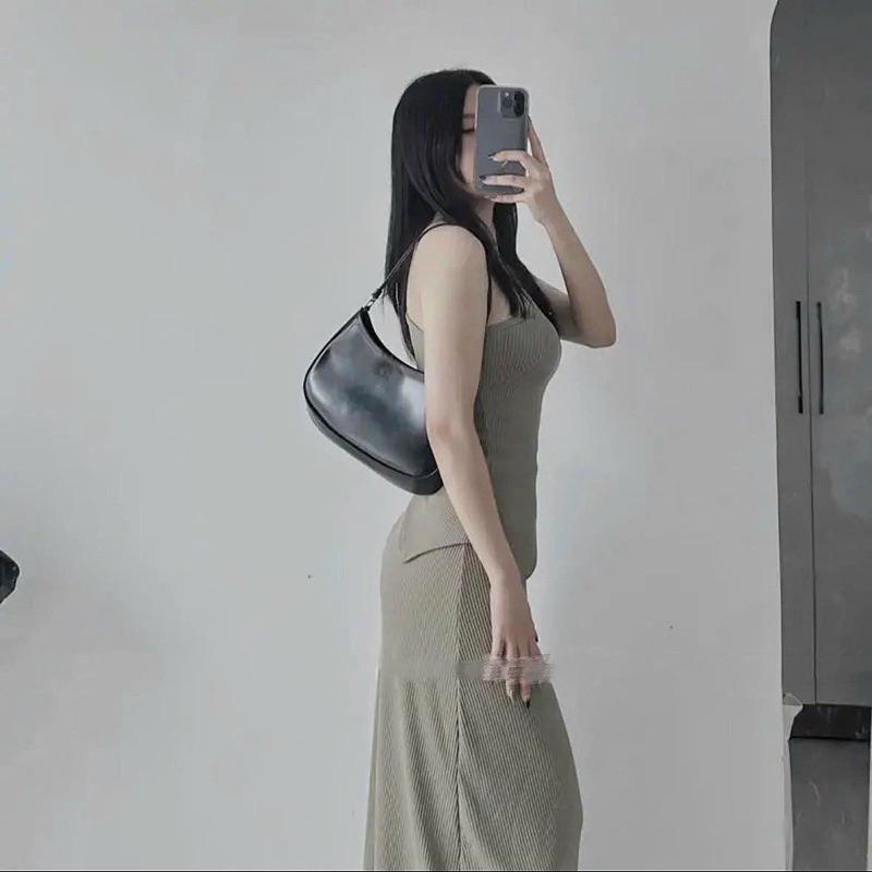 Set Áo Lệch Tà Hở Vai Kèm Chân Váy TIBU Đầm Body Dáng Dài Ôm Tôn Dáng Cực Sexy Quyến Rũ Chất Thun Gân Dày Dặn