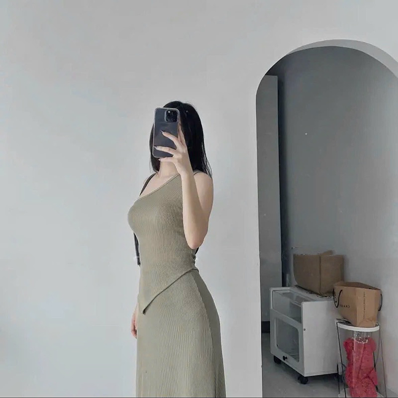 Set Áo Lệch Tà Hở Vai Kèm Chân Váy TIBU Đầm Body Dáng Dài Ôm Tôn Dáng Cực Sexy Quyến Rũ Chất Thun Gân Dày Dặn