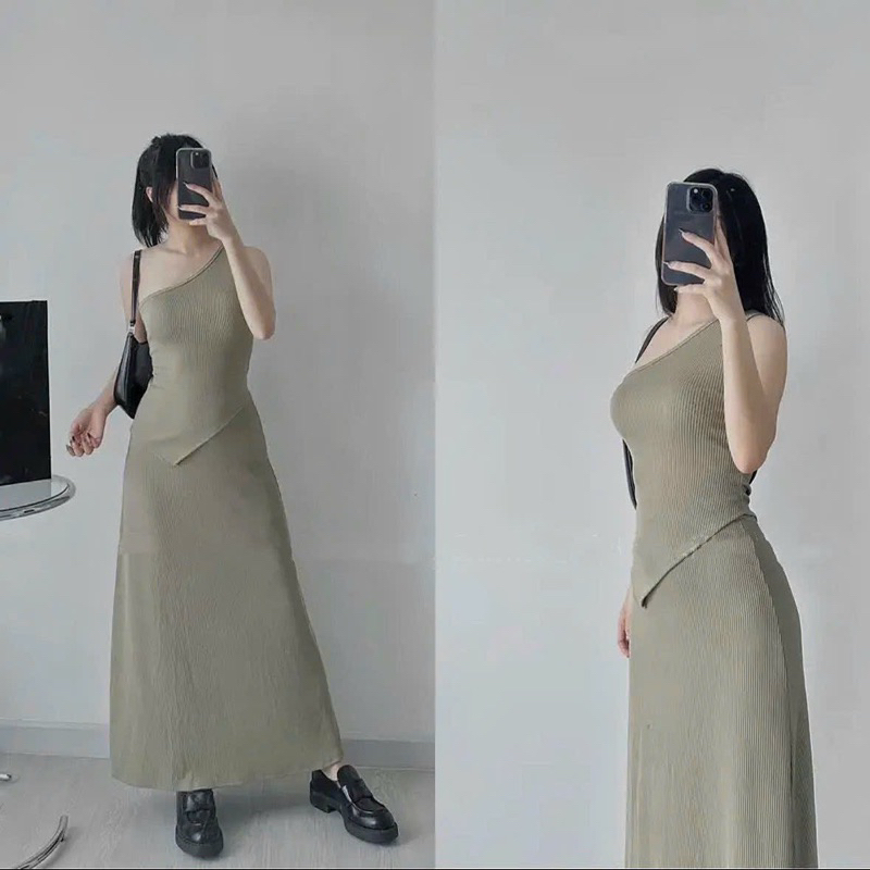 Set Áo Lệch Tà Hở Vai Kèm Chân Váy TIBU Đầm Body Dáng Dài Ôm Tôn Dáng Cực Sexy Quyến Rũ Chất Thun Gân Dày Dặn