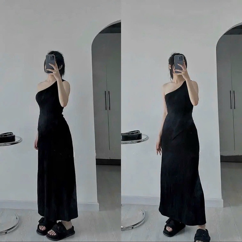 Set Áo Lệch Tà Hở Vai Kèm Chân Váy TIBU Đầm Body Dáng Dài Ôm Tôn Dáng Cực Sexy Quyến Rũ Chất Thun Gân Dày Dặn