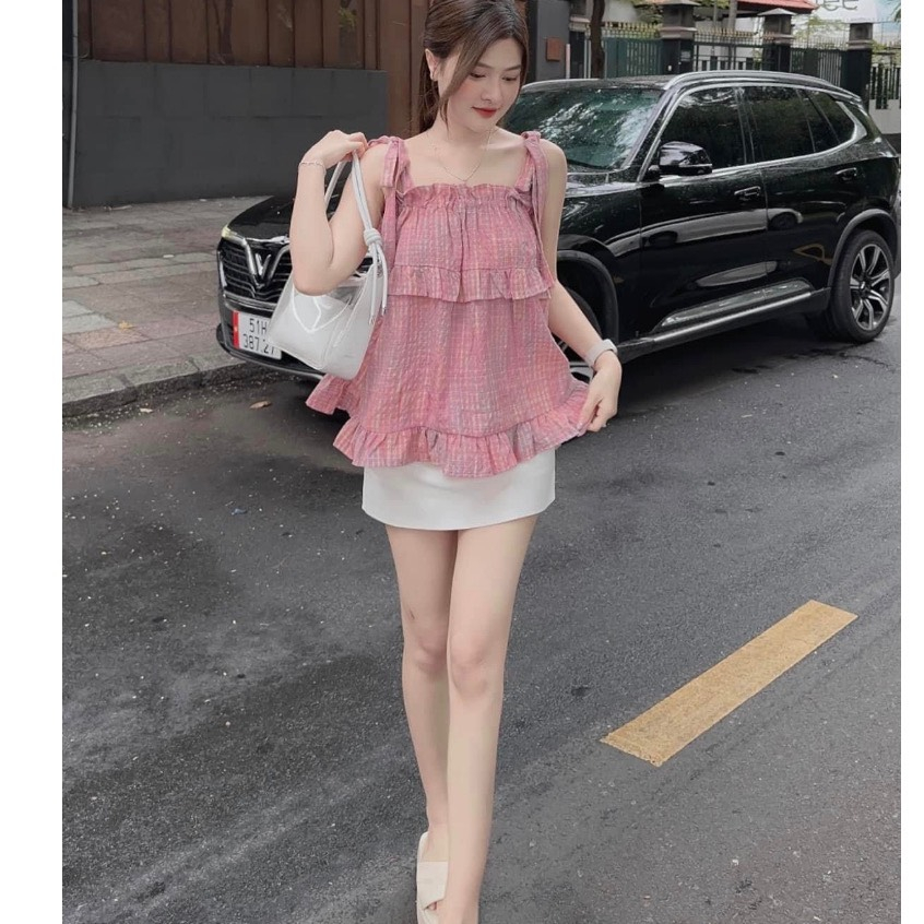 Áo 2 dây buộc nơ kẻ xốp hồng cute tiểu thư tôn da mùa hè dành cho nữ