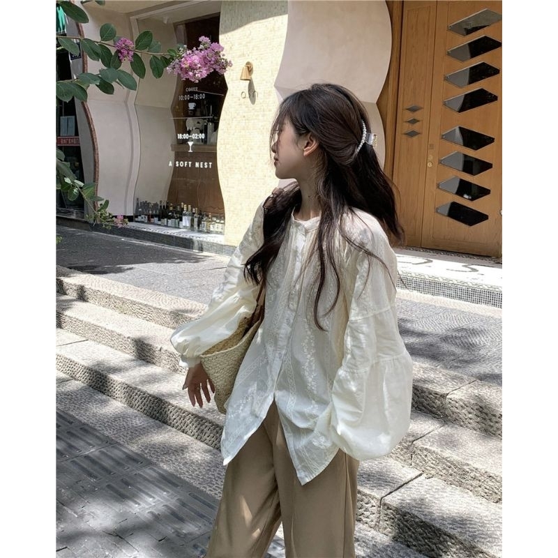 Áo Sơ Mi Nữ Dài Tay Dáng Rộng Phong Cách Sang Chảnh, Áo Sơ Mi Cổ Tròn Dáng Babydoll