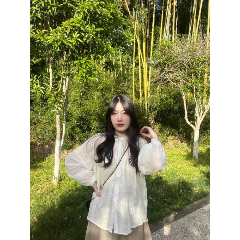 Áo Sơ Mi Nữ Dài Tay Dáng Rộng Phong Cách Sang Chảnh, Áo Sơ Mi Cổ Tròn Dáng Babydoll