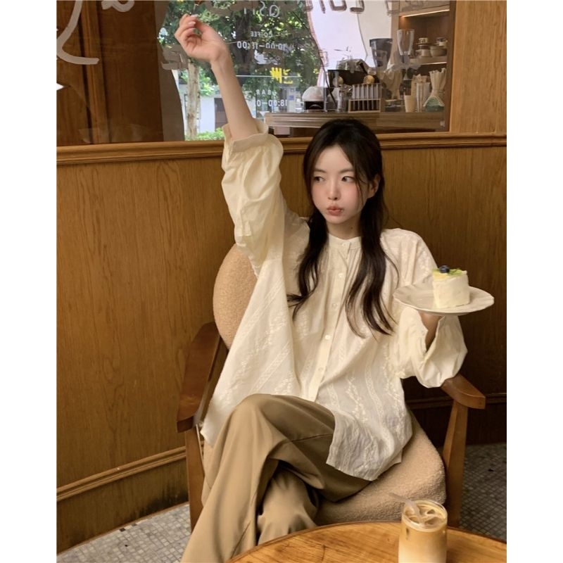 Áo Sơ Mi Nữ Dài Tay Dáng Rộng Phong Cách Sang Chảnh, Áo Sơ Mi Cổ Tròn Dáng Babydoll