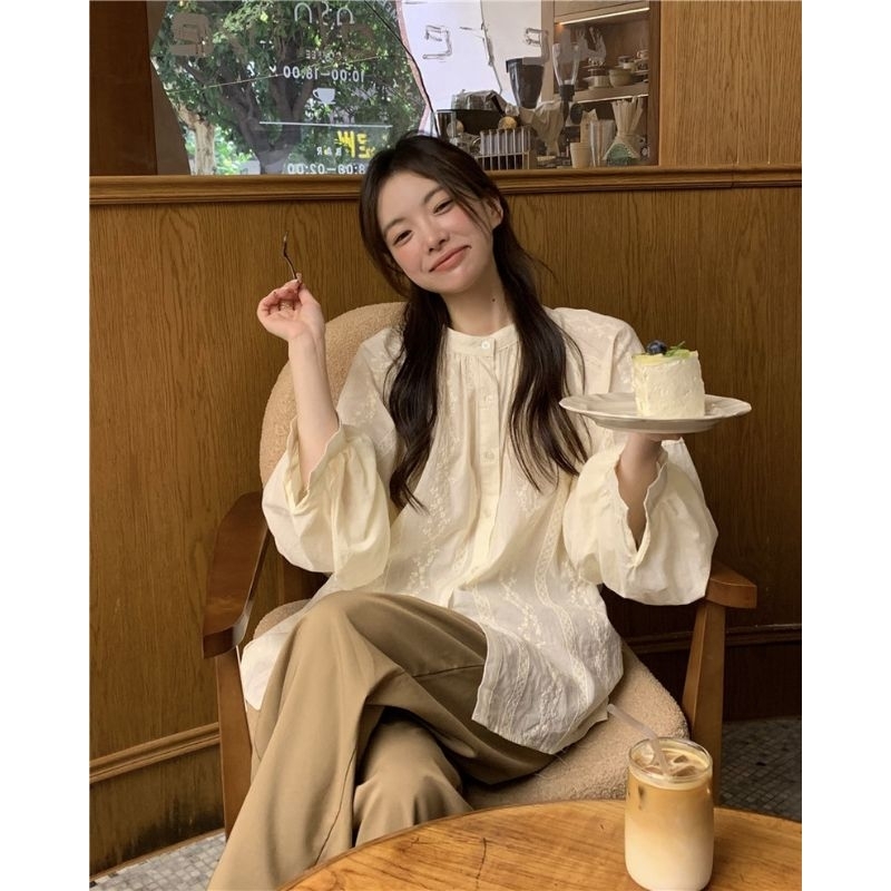 Áo Sơ Mi Nữ Dài Tay Dáng Rộng Phong Cách Sang Chảnh, Áo Sơ Mi Cổ Tròn Dáng Babydoll