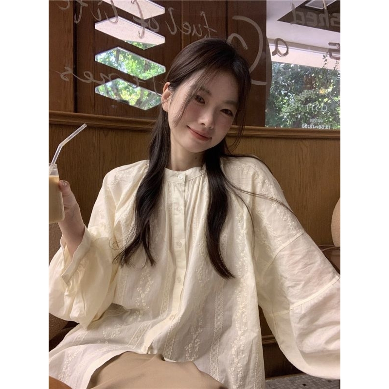 Áo Sơ Mi Nữ Dài Tay Dáng Rộng Phong Cách Sang Chảnh, Áo Sơ Mi Cổ Tròn Dáng Babydoll