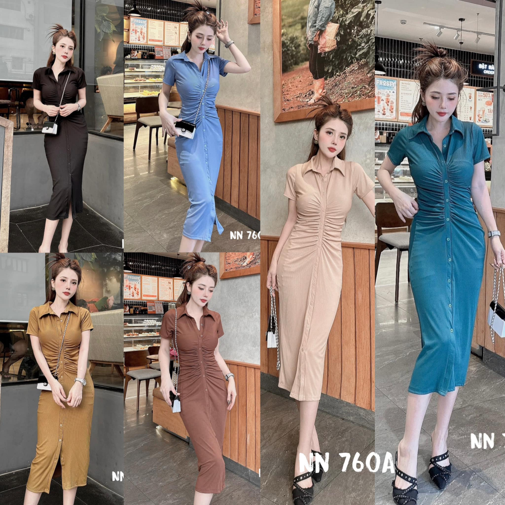 Váy tăm body cổ bẻ dúm eo 6 màu tôn dáng (kèm ảnh thật và video)