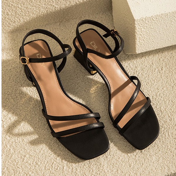 Giày sandal nữ gót vuông mạ đồng quai mảnh cao 5cm màu trắng big size 40 41 42 43 44