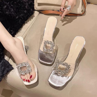 Dép cao gót bản nơ đá vuông gót ly mica 9p Bigsize 35-43