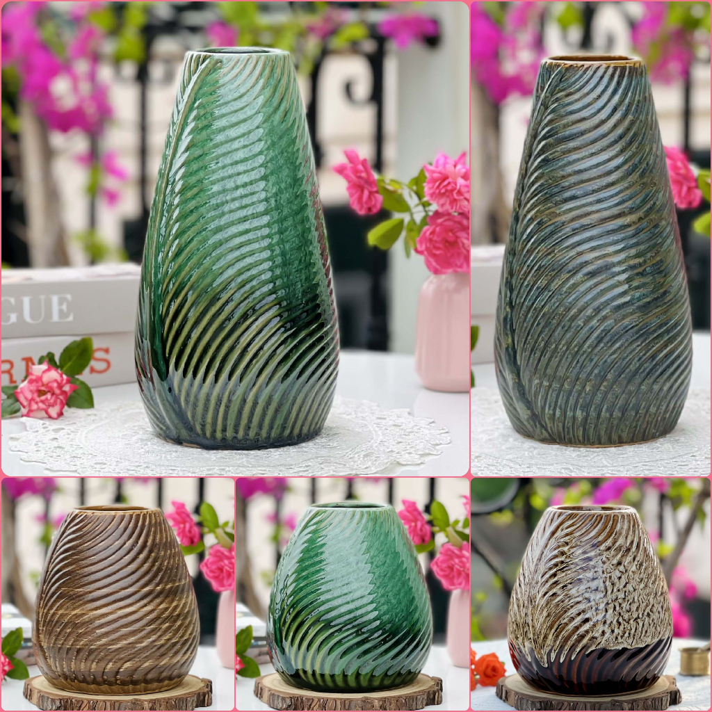 Bình hoa gốm Bát Tràng họa tiết nổi chiếc lá dáng phình đáy cao cấp, lọ cắm được nhiều loại hoa, trang trí đẹp, bắt mắt